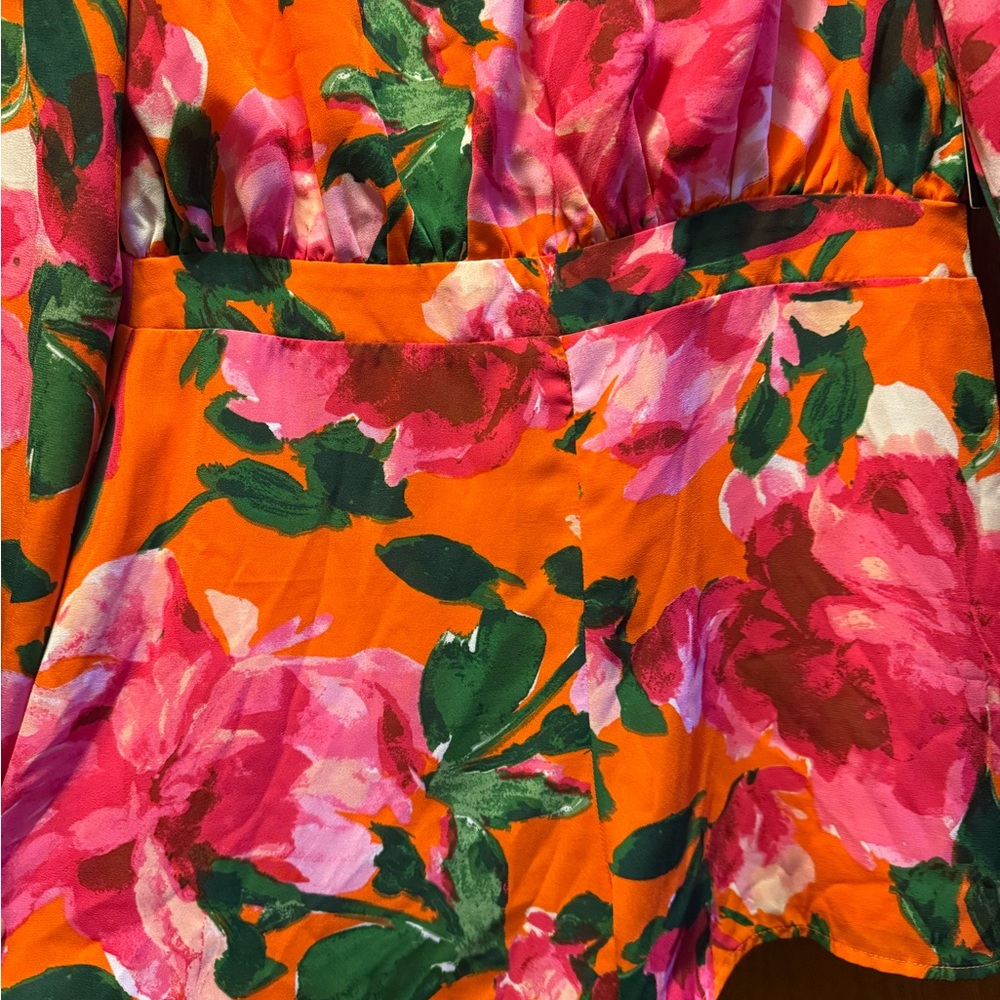 Lulu's Orange Floral Long Sleeve Romper with Pink & Green Print - Picture 6 of 6